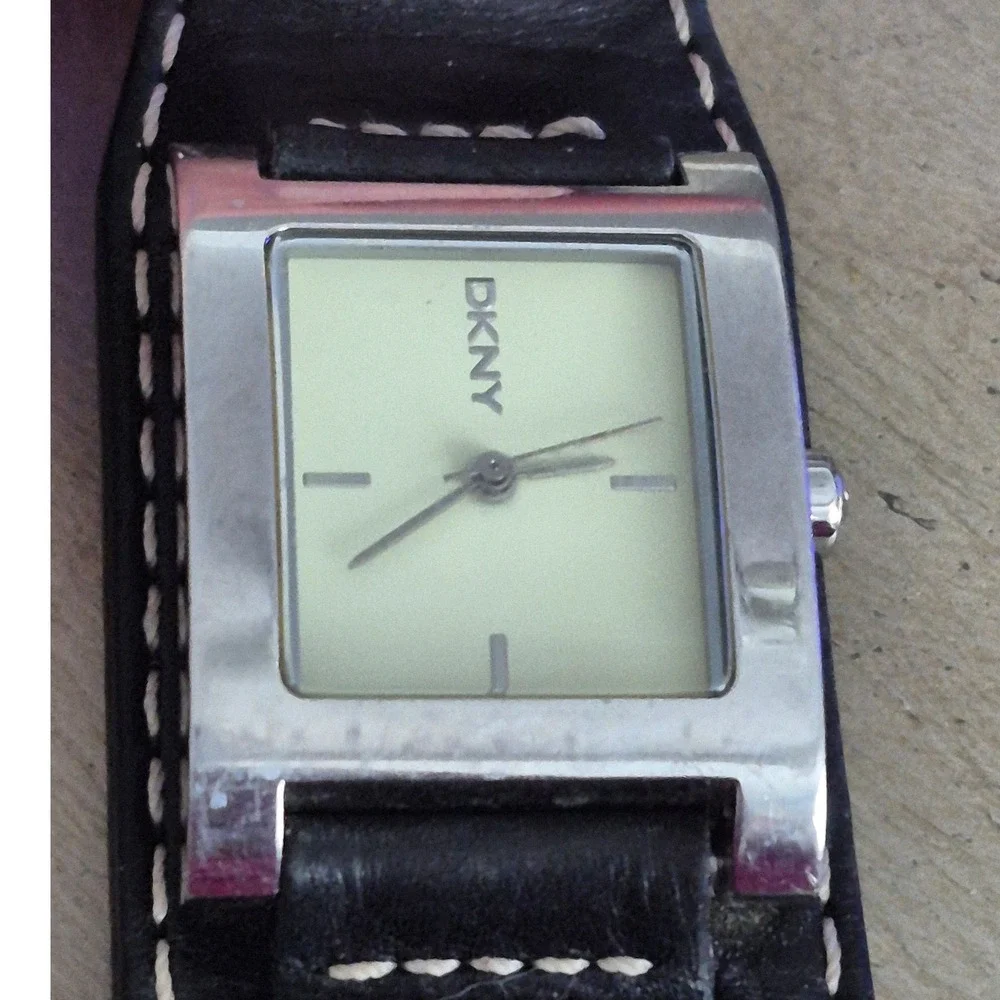 DKNY Cuff Watch Women OS Black Silver Leather Band Square Face Analog Trendy